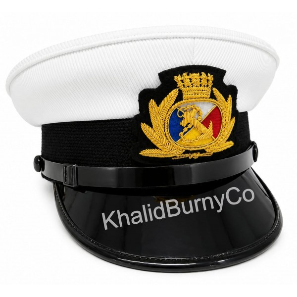 Formal White Peak Cap with Black Band Gold Trim Cruise Crest Dress Cap