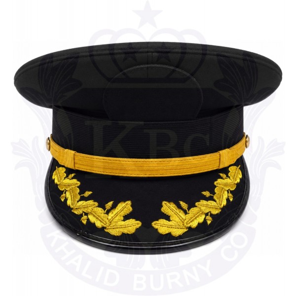 Black peaked cap features gold bullion embroidery