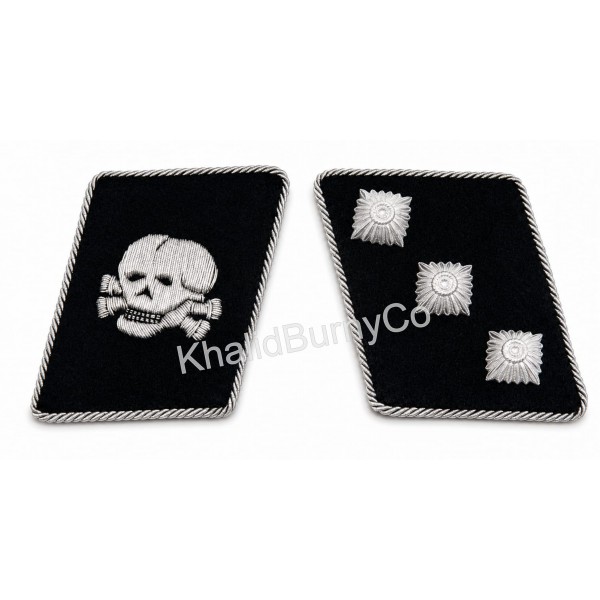 Waffen-SS officer collar tabs, featuring embroidered silver bullion wire skulls.
